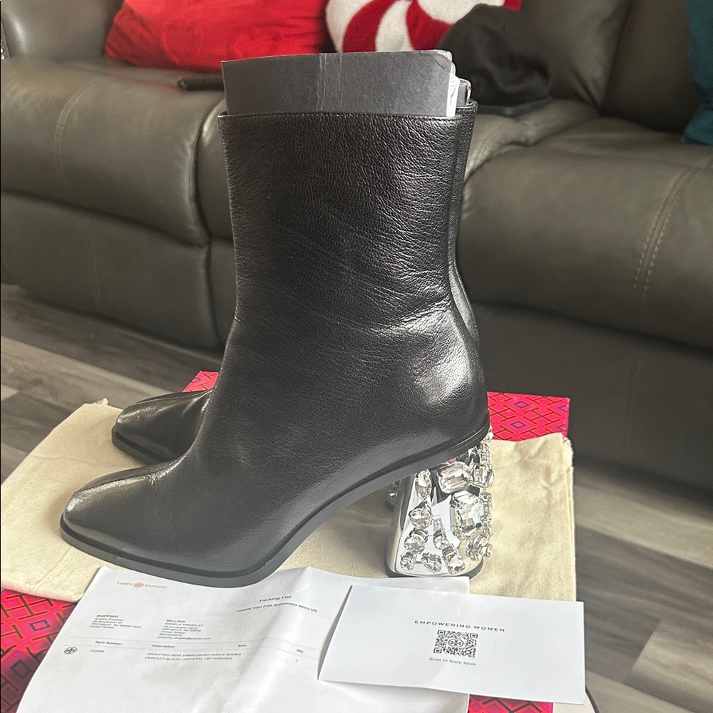 Tory Burch Black Heeled Boots with Crystal Accents